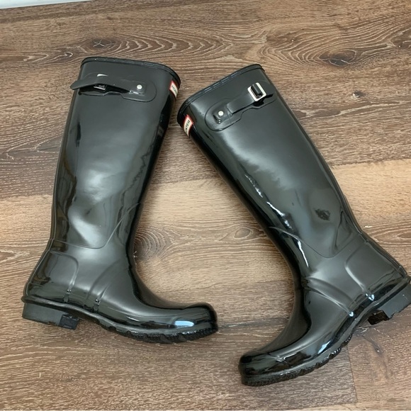 Hunter Womens original black tall gloss rain boots 10 - Picture 9 of 10
